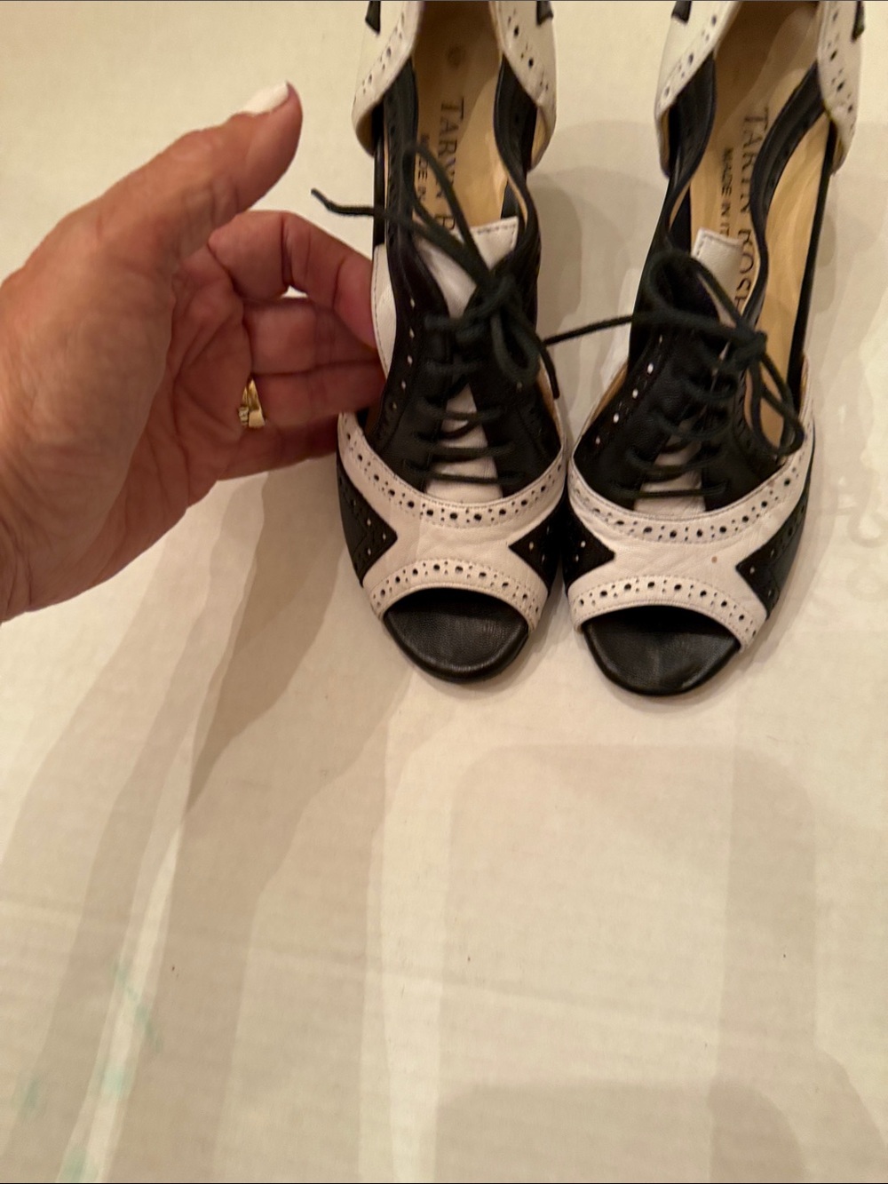 Taryn Rose Black & White Open-Toe Lace-Up Heels